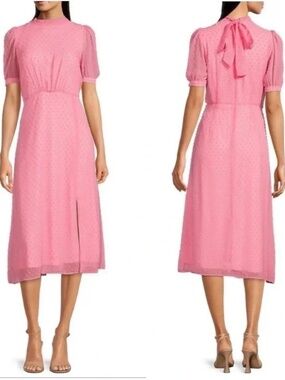 New Julia Jordan Mock Neck Clip Dot Chiffon Fit & Flare Midi Dress, Pink, NWOT